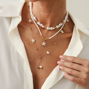 Fashionable Starfish Pearl Necklace Set 3 Pieces Layering Clavicle Chain Popular Design Jewelry Accessories for Women