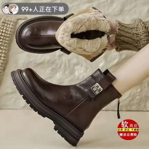 Brand British Style Fur Snow Boots Womens Winter Leather Platform Ankle Boots Vintage Fleece-Lined Thickened Martin Boots