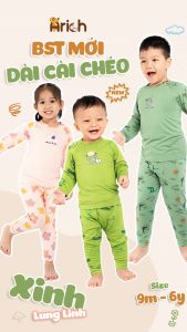 Bộ quần áo dài tay cài chéo hoạ tiết phối hình Arich vải sợi tre cho bé trai bé gái từ 9tháng-6 tuổi