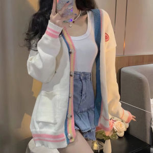 เสื้อคาร์ดิแกนถักคอวีแขนยาวลายดอกไม้สไตล์หวานสำหรับผู้หญิง ทรงหลวม สไตล์นักเรียน เสื้อคลุมกันหนาวสำหรับฤดูใบไม้ผลิ