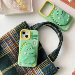 3D Telescopic Stand Cute and Funny Dinosaur Silicone Phone Case for iPhone 13 14 15 16 17 Pro Max Casing Soft Silicone Cover for iPhone 16 Pro Max Case