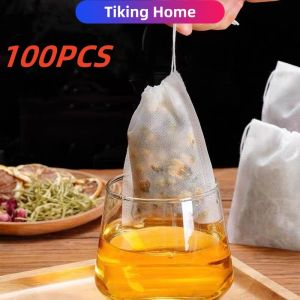 100Pcs Disposable Teabags Non-Woven Fabric Tea Filter Bag for Spice Tea Infuser with Draw String Filter Paper for Herb Loose Tea