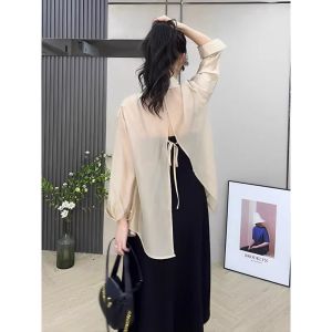 Summer New Womens French Style Chiffon Shirt Thin Outerwear Cardigan Back Slit Sun Protection Clothes Long Sleeve Loose Fit