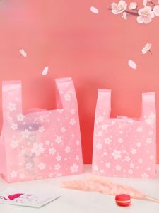 Pink Double Ear Plastic Bag Vest Bag Packaging Bag Ins Beautiful Handbag Commercial Popular Small Gift Bag Customizable Sakura Pattern