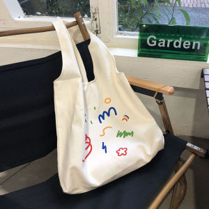 Cute Canvas Bag Single Shoulder Student Artistic Fresh Style Geometric Pattern Womens Bag Soft Foldable Casual Leisure Bag