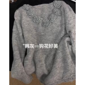 Chic V-Neck Knitted Sweater with 3D Flower Design Medium-Length Fashionable Warmth-Retaining Long Sleeve Womens Top