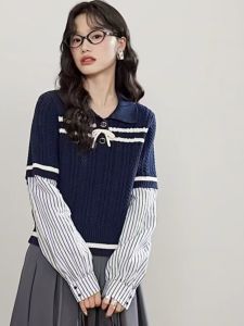 Korean Style College Fashion Striped Splicing Doll Collar Knitted Sweater Women High Waist Slimming Top Sweet Style Long Sleeve