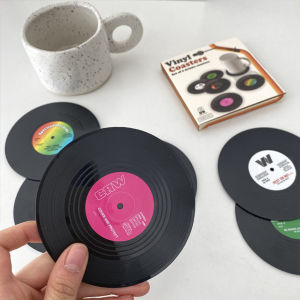 2/6 Pcs Retro Coaster Gelas Vinyl Records Hitam & Alas Tatakan Gelas Non-Slip