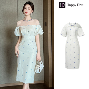 Happy Diva เดรสผู้หญิง เดรสสีขาว เดรสแขนพอง เดรสปาดไหล่ เดรสทำงาน เดรสไฮโซ เดรสวินเทจ เดรสออกงาน เดรสปาร์ตี้ ชุดราตรี 21334