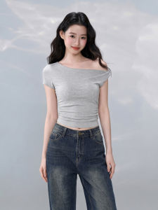 OGOKO | Off-shoulder Twist Knot Design Slim-fit Short T-shirt
