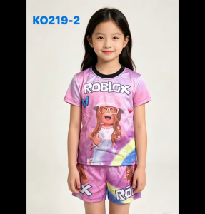 KO218-19-20# Kids Terno Set  maroon and pink short sleeve shirt and shorts set with anime character print.