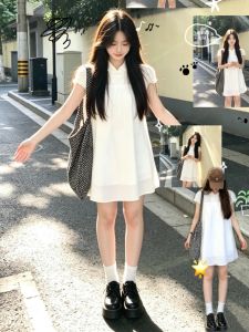 QINWEIYU | Cute Style Womens Short Dress With Peter Pan Collar and Puff Sleeves