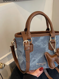 Retro Denim Bucket Bag Womens Handbag Small Carryall Commuter Crossbody Bag Fashionable Versatile Daily PU Leather Handbag