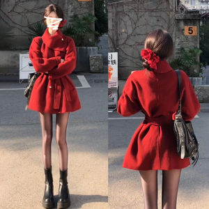 HUAYILING | Elegant Rich Girl Style Autumn Ladies Wool Coat Waist-cinched
