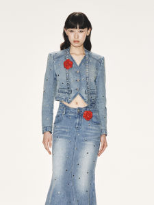 LeFame Rose Rivet Vest Style Denim Jacket Original Design Diamond Embellished Loose Fit Short Outerwear for Women
