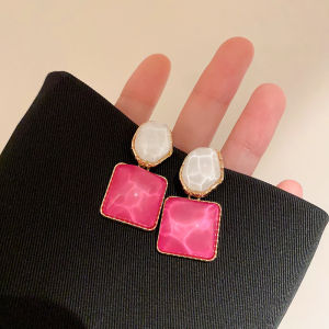 Women Asymmetry Round Square Crystal Drop Earrings Pink Orange Olive Blue Bright Colorful Dangle Earrings Trendy Jewelry