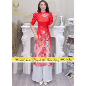 Áo Dài Cách Tân Đỏ Tay Bồng Hoa Đào Trẻ Trung Lụa Tây Thi H93 Cao Cấp - Áo Dài Xuân Quỳnh