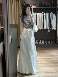 Spring 2025 High Waist Slimming White Mid-Length Denim Half Skirt Womens Versatile A-Line Long Skirt Retro Style Commute