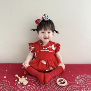 Red Chinese Style Baby Girls Cheongsam One Year Old Birthday Ceremony Clothes Summer High End Bottom Covering Outfit Three Months plus