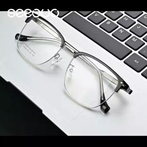 Seeouo Frame Kacamata Plano Lens Style Fashionable Pria dan Wanita Frame Kotak Half Rim TR+Metal Kokoh Bisa Minus 8030