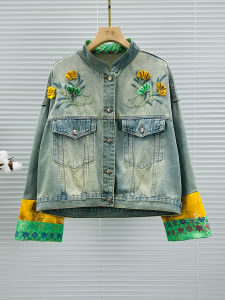 Chinese Style Embroidered Denim Jacket Womens Trendy Spring Autumn Loose Fit Patchwork Long Sleeve Short Coat Casual Wear