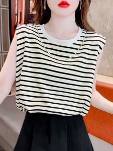 American Retro Striped Sleeveless T-Shirt Women Summer New Casual Vest Loose Slimming Short Top Comfortable Breathable