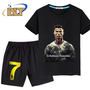 2025 Ronaldo print summer childrens T-shirt set sports short sleeved shorts 2-piece set suitable for boys and girls