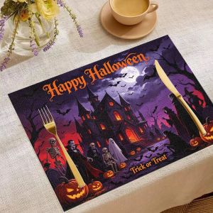 VIKAMA 2/4/6PCS Halloween Meal Mat Pumpkin Ghost Skull Bat Black Cat Spider Table Mat Spooky Party Festival Decoration