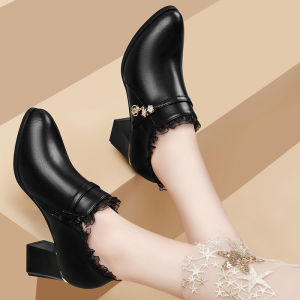 รองเท้าบูทส้นสูงหนังแท้แบบสวมหัวมน ทรงหัวมน หัวเข็มขัด กันน้ำ ยาง รองเท้าผู้หญิง สไตล์อังกฤษ ฤดูใบไม้ผลิและฤดูใบไม้ร่วง
