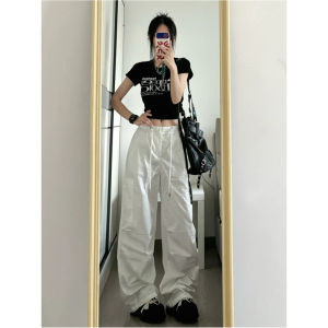 กางเกงทรงหลวมเอวสูงยาวคลุมเข่าทรงหลวมทรงหลวมสำหรับผู้หญิง กางเกงขายาวทรงหลวมแบบสวมหัวสีขาว ฤดูร้อนปี 2024 กางเกงขายาวทรงหลวมสำหรับผู้หญิง