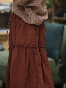 Light Vintage High Waist Midi Skirt Elastic Waist Color Woven Linen Gored Hem Chinese Production Spring 2025 Collection