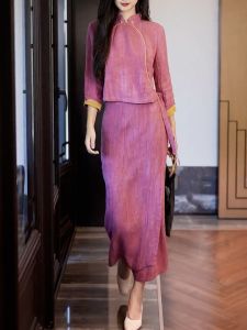 ชุดสองชิ้นแขนยาวสามส่วนสไตล์ชาติพันธุ์สุดเก๋สำหรับผู้หญิงในฤดูใบไม้ผลิปี 2025 ชุดกระโปรงสั้นคอกลมแขนยาวสามส่วน