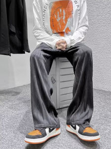 Ice Silk Texture Mens Casual Pants Design Sense Pleated Wide Leg Floor Length Straight Cut Polyester Fiber Straight Tube Trousers