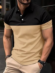 Business Short Sleeve Polo Shirt Collared T-Shirt Mens Patchwork Color Lapel Casual Summer Fashion Cotton Blend Polyester