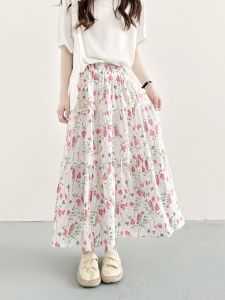 Váy Midi Chữ a Họa Tiết Hoa Cotton Lụa Cạp Cao Cho Nữ Mùa Hè 2025 Váy Đa Năng Thoải Mái Thoáng Khí Không Có Thương Hiệu