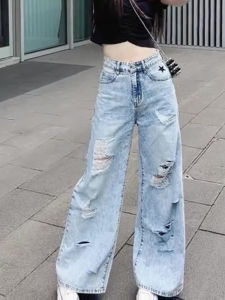 High Waist Distressed Denim Jeans Womens Autumn Fashion Personality Star Print Loose Straight Leg Pants Tonnssar SY73457
