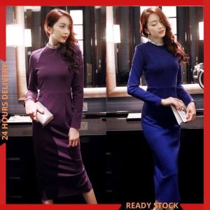 CFBOUTIQUE Korean Style Women Fashion Elegant  Embellished Collar Long Sleeve Dinner Midi Dress