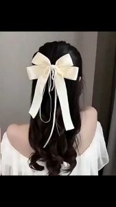 Jepit Rambut Pita Korea Besar dengan Untaian Mutiara Jepot Otomatis Impor Bahan Satin Silk HCO009