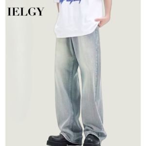 IELGY【S-3XL】American Jeans Mens Washable Old Ice Silk Yellow Mud Dyed Pants Trendy High Street Loose Straight Leg Pants