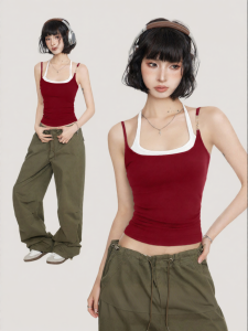 BAIDAIFEI | American Style Red Halter Fake Two-Piece Tank Top
