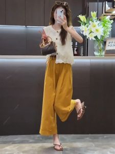 Fashionable Summer Outfit 2023 Hollow Sleeve Wide Leg Pants Short Sleeve Top Ankle-Length Two-Piece Suit For Women