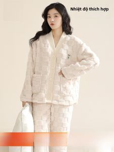 Bộ đồ ngủ nữ MiiOW bằng lông cừu Coral dày dài tay cổ chữ V thoải mái - mùa đông