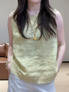 Shalldoer | Fashionable Splice Embroidery Lace Sleeveless Vest Womens New 2025 Simple Stylish Versatile Top Casual Loose Fit Round Neck