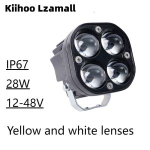 Led vuông cỏ ba lá Xe điện Spotlight 12V-48V 28W IP67 vàng trắng Mặt kính lồi độ sáng cao Độ Xe Máy bên ngoài bốn đèn pha phía trước