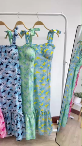 P22488 เดรส สายเดี่ยวผูกไหล่ ต่อระบายหางปลา