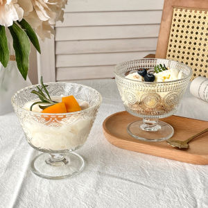 Retro Sunflower Embossed Glass Bowl Ice Cream Sundae Bowl Breakfast Yogurt Oats Dessert Bowl Home Use Ins Style round Bowl