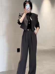 Elegant High Waist Wide Leg Pants Two Piece Set Chinese Style Loose Fit Suit with Button Detail Fashionable Spring Collection