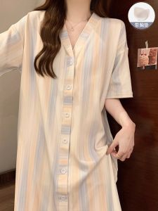 Đồ Ngủ Nữ Mùa Hè 2025 Mới Cao Cấp Có Đệm Ngực Tay Ngắn Cardigan Mở Dài Đến Giữa Bắp Chân Đồ Ngủ Thoải Mái Cho Cỡ Lớn