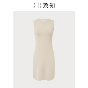 Spring Summer White Porcelain Short Knitted Dress Sleeveless A-Line Silhouette Elastic Cuff mid Waist Commute Style Dress