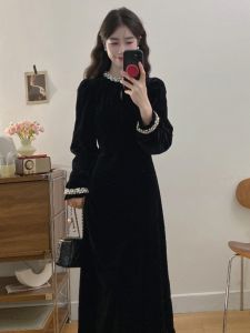 Elegant French Velvet Dress Womens Fashion Autumn Winter plus Size Hepburn Style Slimming Black Dress Long Sleeve A-Line Skirt